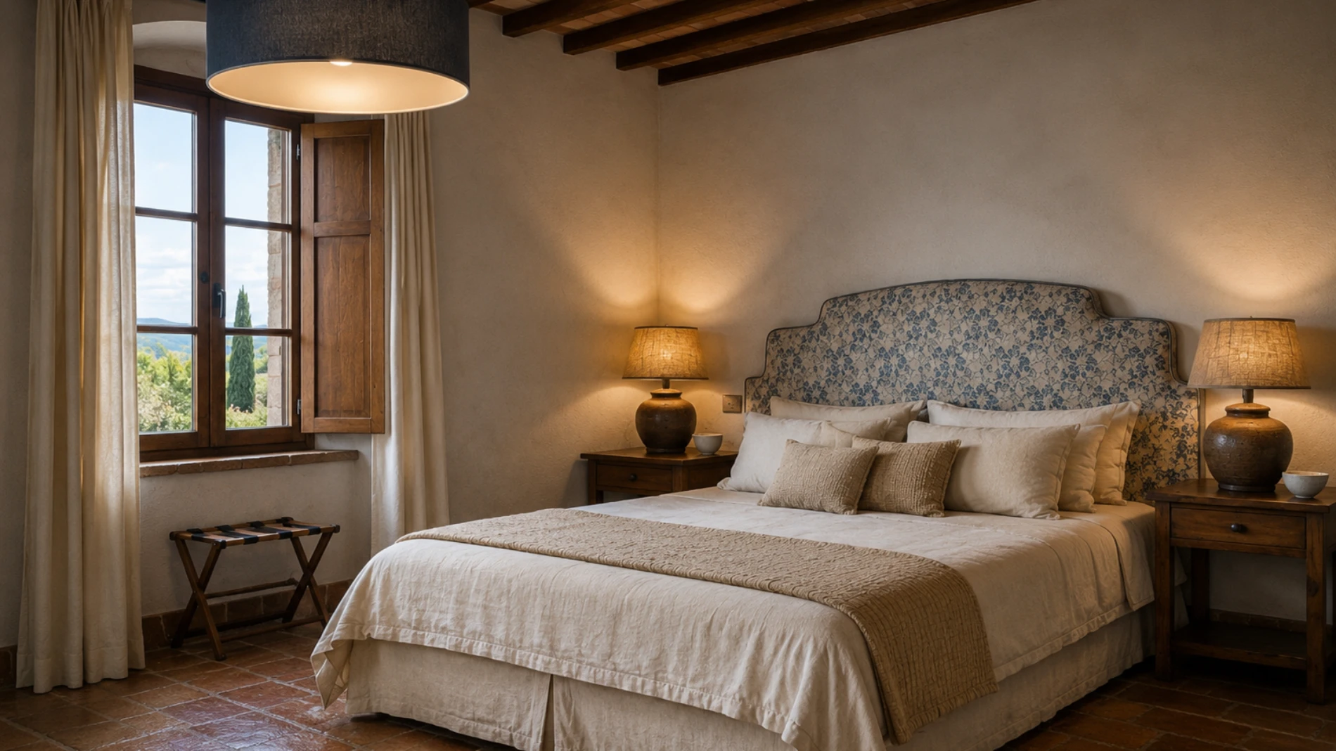 Camera matrimoniale in stile toscano con testiera decorata, travi a vista e finestra panoramica ad Asciano - Castello di Leonina, BZAR hotels in Toscana