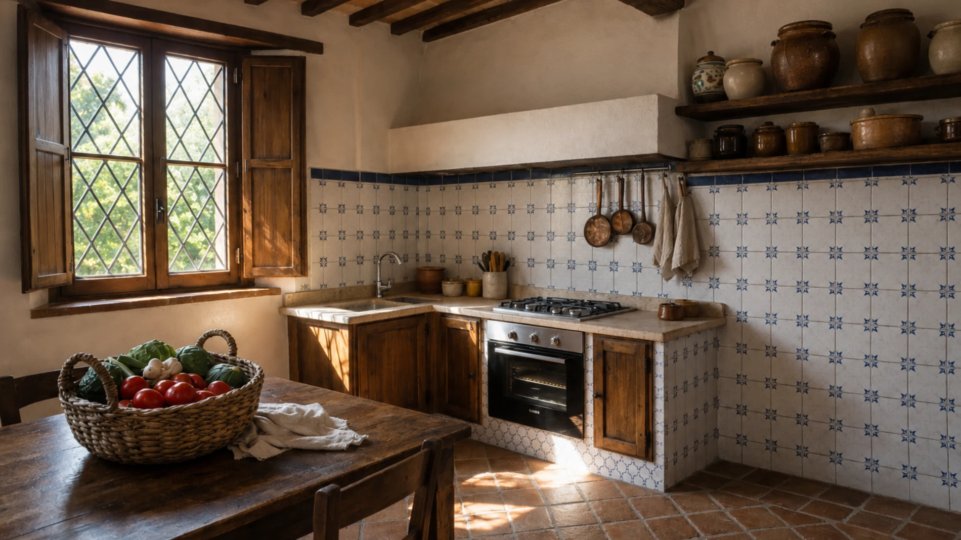 Cucina in stile rustico toscano con tavolo in legno, maioliche e luce naturale nella tenuta ad Asciano - Castello di Leonina, BZAR hotels in Toscana