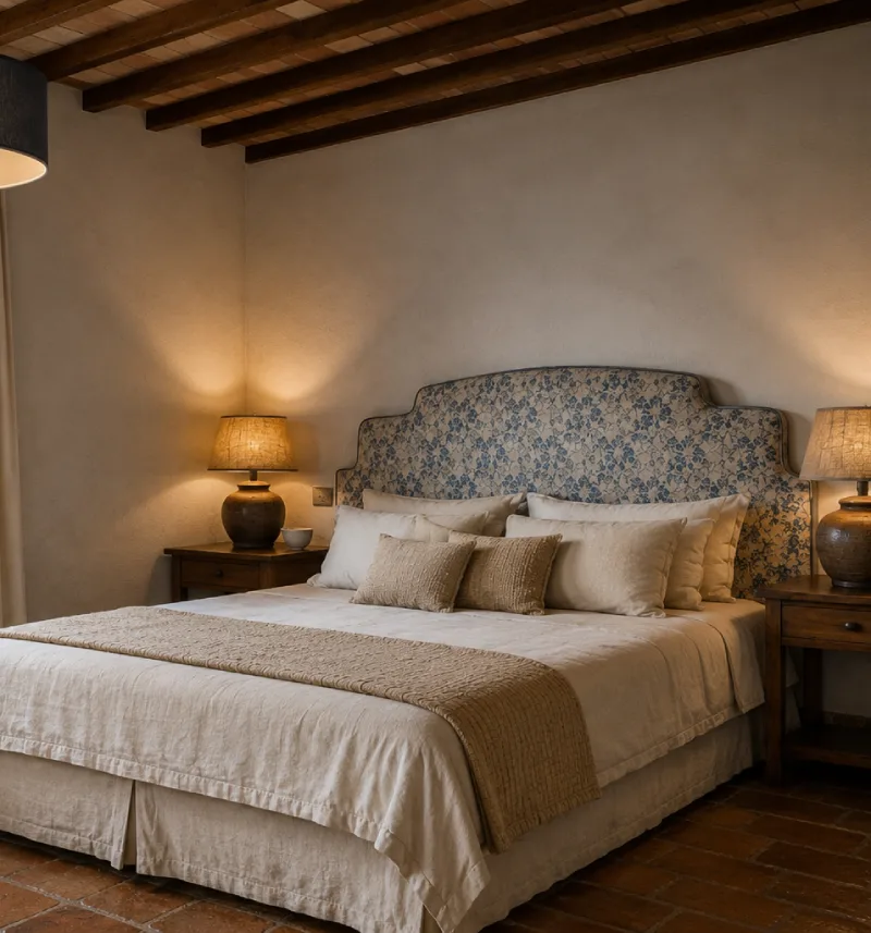 Rustic Tuscan style Depandance room with exposed wooden beams, terracotta floor and panoramic window over hills - Castello di Leonina, BZAR hotels in Tuscany