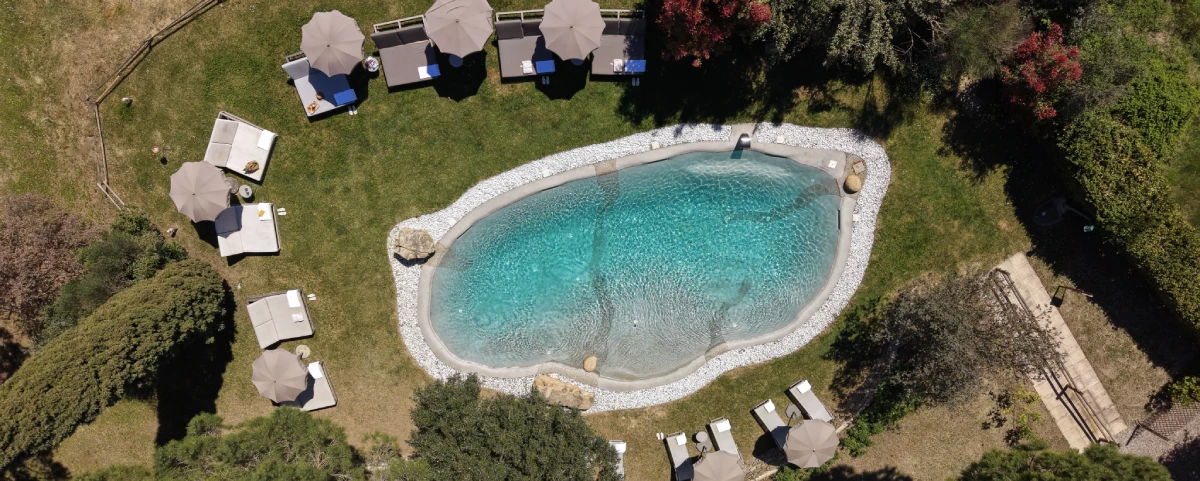 Aerial view of Castello di Leonina pool with sun deck surrounded by the greenery of the Crete Senesi in Asciano - Castello di Leonina, BZAR hotels in Tuscany