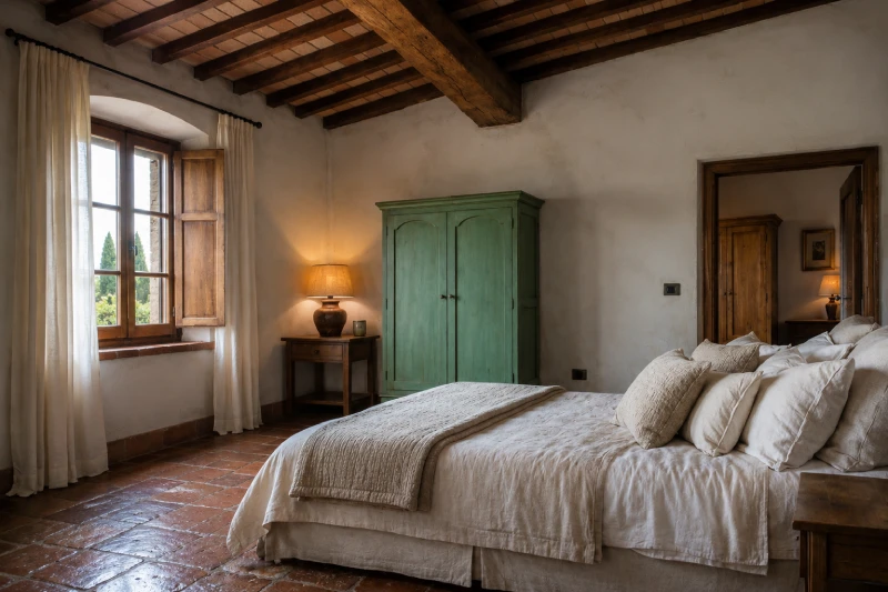 Camera matrimoniale con guardaroba verde, travi a vista e atmosfera rilassante nella villa ad Asciano - Villa San Bartolomeo, BZAR hotels in Toscana