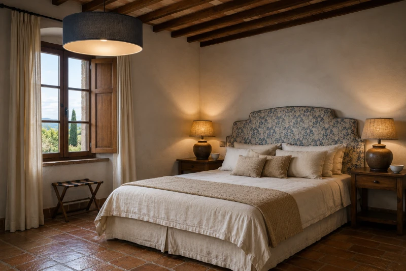Camera matrimoniale elegante con testiera decorata, travi in legno e finestra sulla campagna toscana - Villa San Bartolomeo, BZAR hotels in Toscana