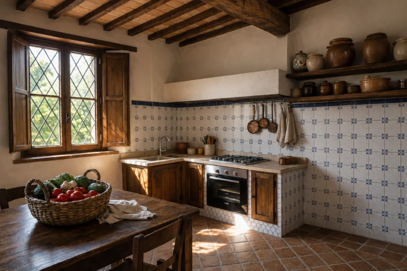Cucina attrezzata in stile rustico toscano con tavolo in legno, cotto e maioliche nella villa ad Asciano - Villa San Bartolomeo, BZAR hotels in Toscana