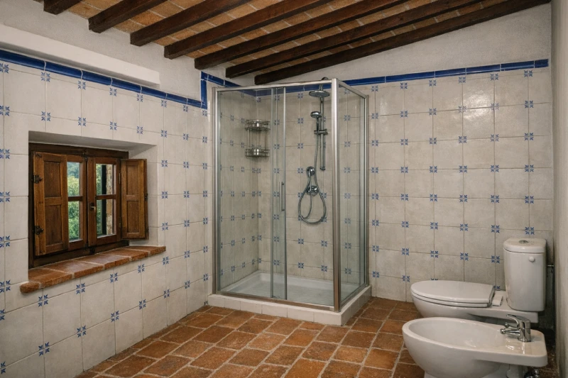 Bagno in stile toscano con doccia in vetro, travi a vista e finestra in legno nella villa ad Asciano - Villa San Bartolomeo, BZAR hotels in Toscana
