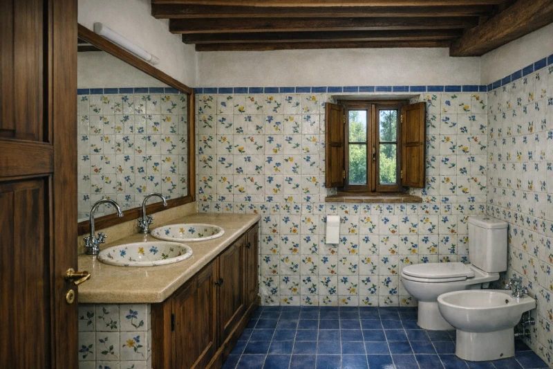 Ampio bagno con doppio lavabo, maioliche decorative e travi in legno nella villa in Toscana - Villa San Bartolomeo, BZAR hotels in Toscana
